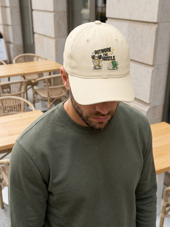 Coastal Washed Cap — ‘Outwork the Hustle’ Vintage Alarm Clock & Cash Cartoon Dad Hat